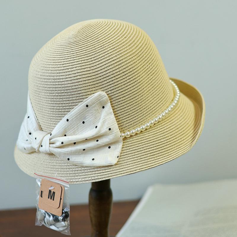 

Женская шляпа из перевернутой соломы с бантом в горошек, весенне-летняя, темпераментная, универсальная, пляжная, солнцезащитная шляпа-панама для отпуска Adult average size adjustable бежевый