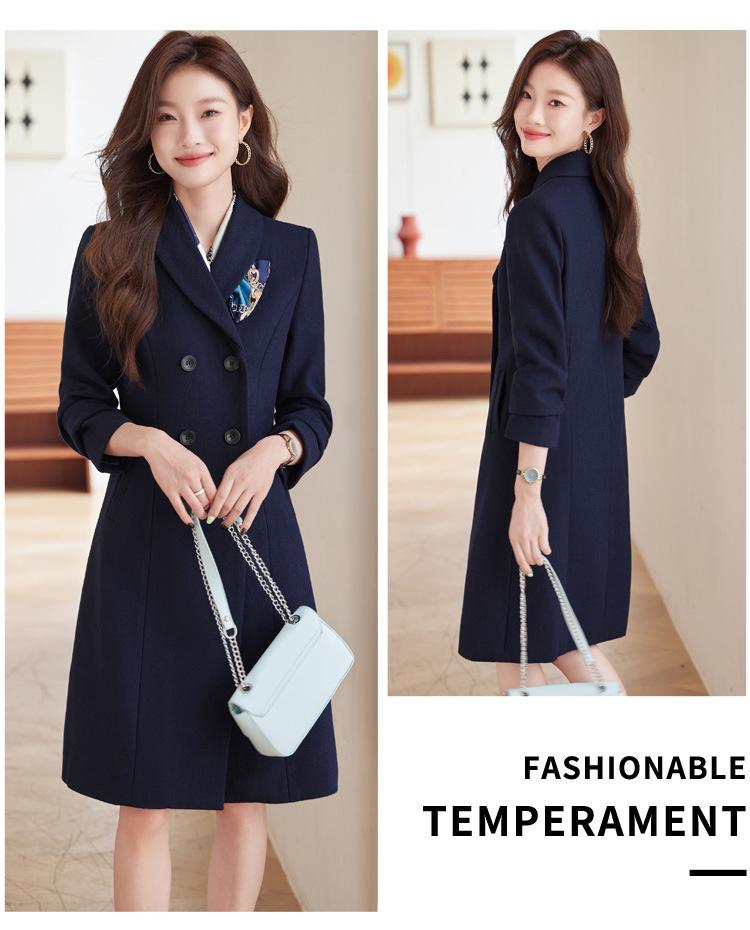 Women's Dark Blue Wool Tweed Long Coat - Chic Autumn/Winter Workwear