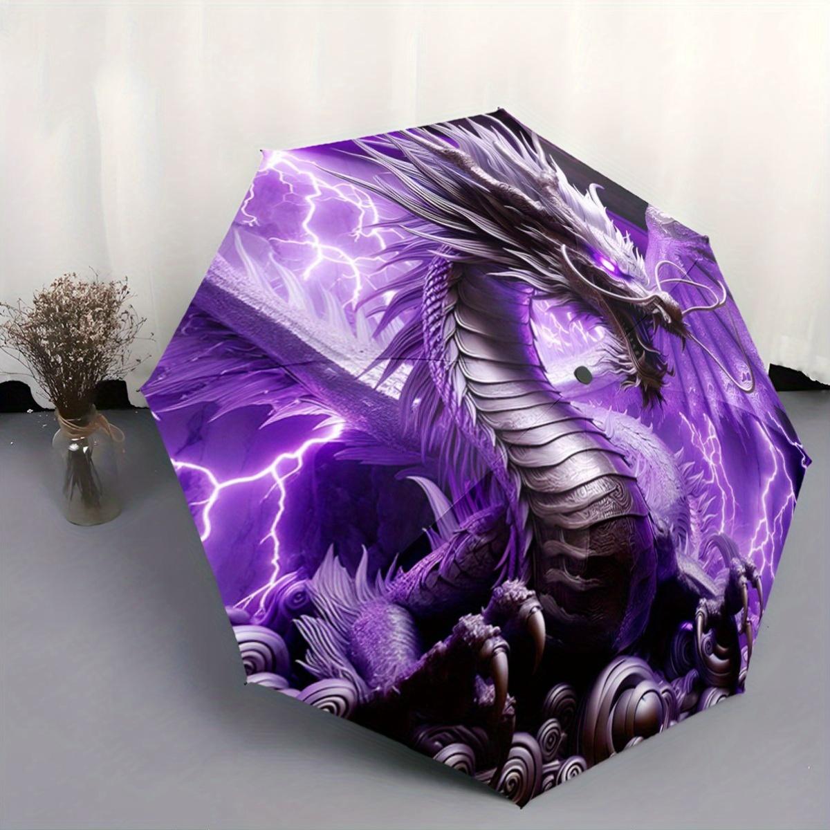 Automatic Open/Close Umbrella with Purple Asian Dragon & Lightning Design - Compact Folding Umbrella, Sturdy 8-Rib Shaft, Ligh
