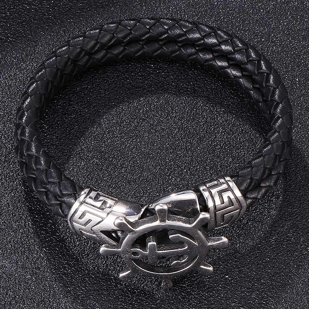 Black Retro Woven Leather Bracelet with Stainless Steel Anchor