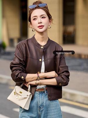 Retro Leather Stand Collar Long Sleeve Jacket for Women - Spring/Autumn Motorcycle Style