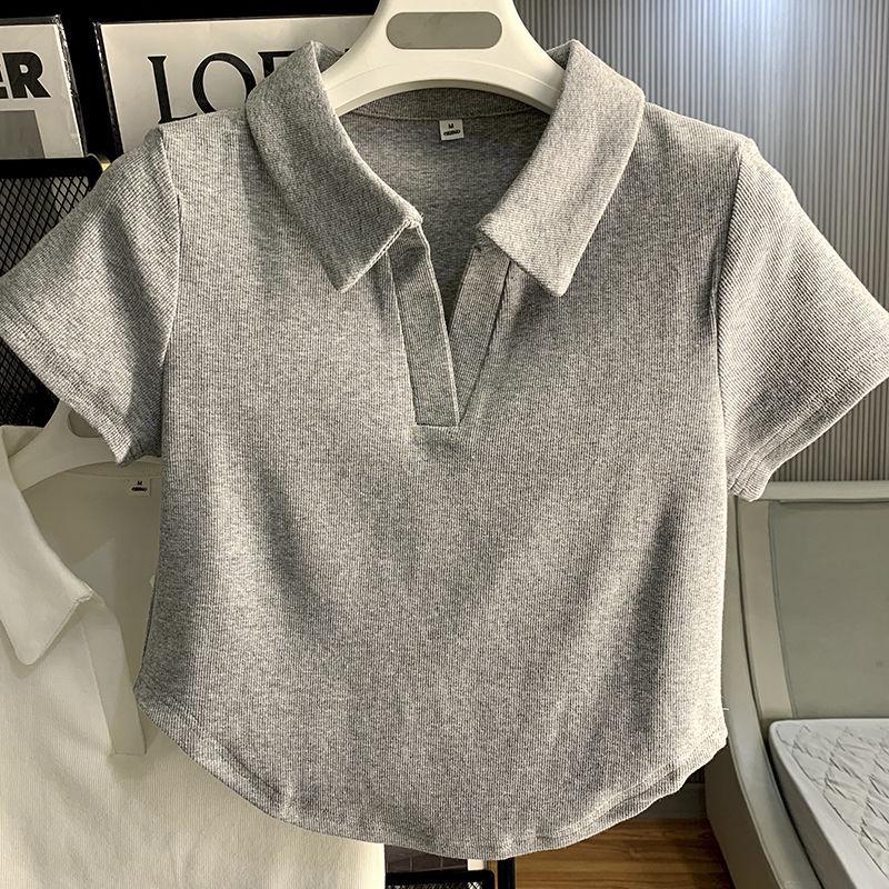 Women's Slim Fit Hot Girl Style Threaded Polo T-Shirt - Short-Sleeved & Cropped for Summer