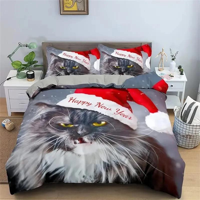 Orange Cat Duvet Cover Set King Queen Size Cute Animals Pattern Polyester Comforter Cover Quilt Cover For Kids Teens Bedding Set