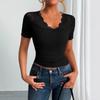 Sommer V-Ausschnitt Kurzarm Spitze Damen Bluse 2026 Neu Enganliegend Unifarben Elegant T-Shirt Büro Lässig Mode Einfaches Damen Oberteil T-Shirts Kleidung