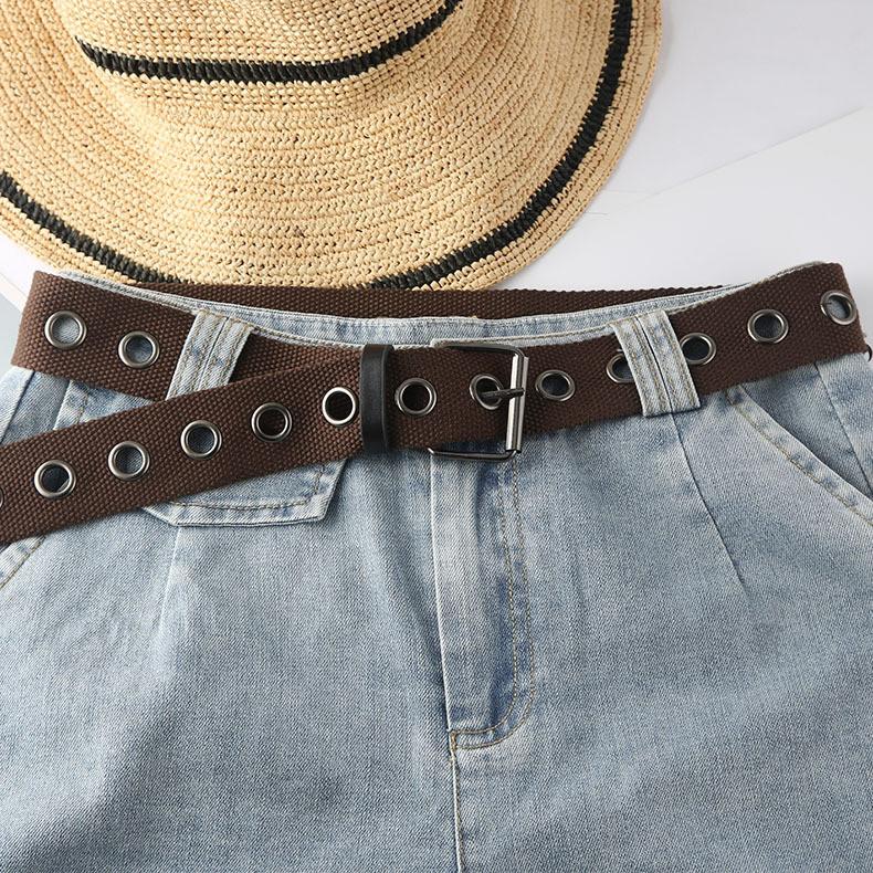 Chic Brown Canvas Belt With Hollow Out Eyeball Design For Men And Women Extra Long In Stock