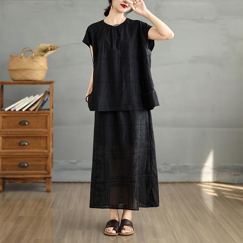 

Tencel Embroidery Hollow Wide-Leg Suit with Small Fly Sleeves - Lightweight & Breathable Summer Two-Piece Set Large чёрный