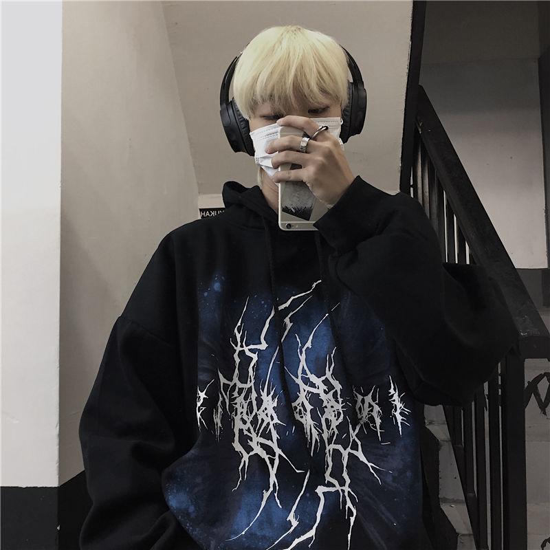 Diablo Graffiti Smiley Print Sweater Men's Street Fleece-lined Thickened Loose Plus Size Hip-Hop Autumn and Winter Jacket