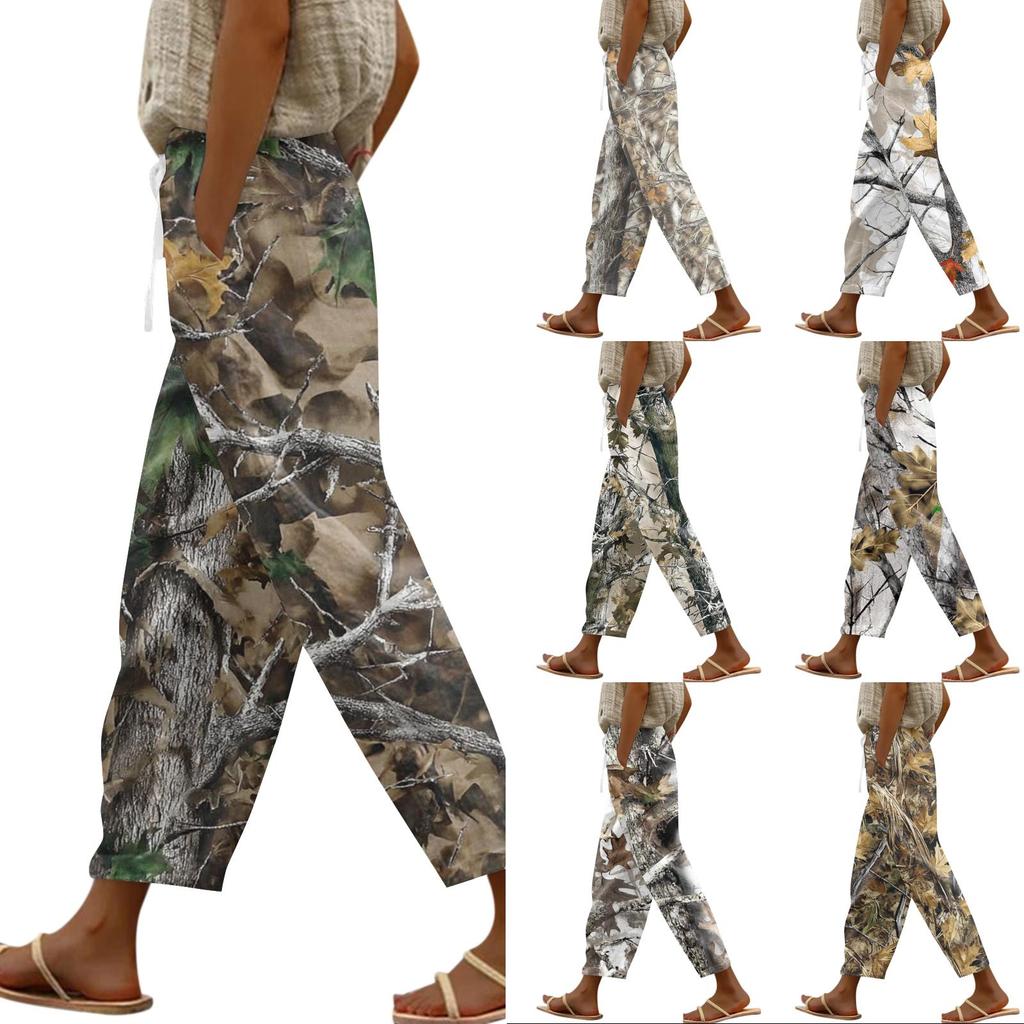 Women's fashion printed drawstring pocket elastic waist casual pants