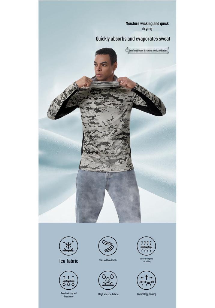 Men's Camouflage Quick-Dry Mesh Fishing Hoodie with Sun Protection Mask