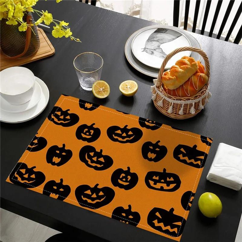 6PC Halloween Pumpkin Black Cat Placemats Festival Kitchen  Linen Dinning Table Mats Bowl Coffee Cup Pads Mats Home Decor