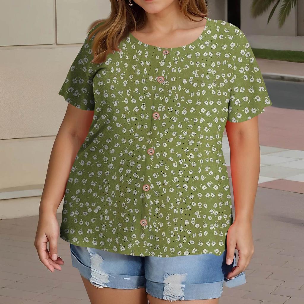 Plus Size Women's Fashion Casual Vintage Printed O-Neck Short Sleeve Button T-Shirt Top