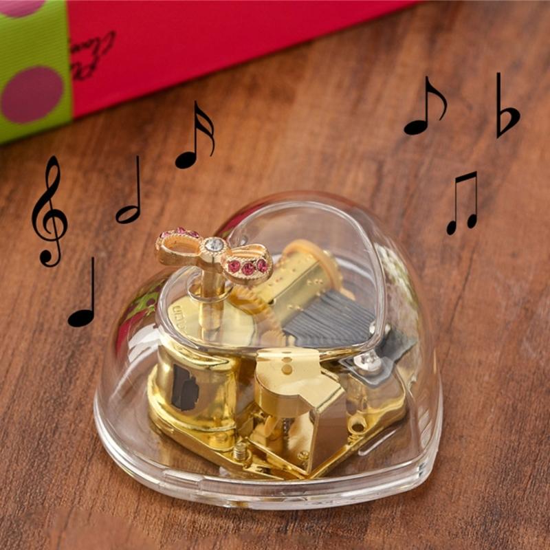 Hand Windup Metal Movement Octave Box Music Box with Transparent Acrylic Heart Shape For Friend Couple Birthday Gift