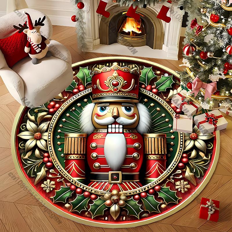 Cartoon Round Rug for Home Cute Santa Elk Gingerbread Christmas Elements Printed Mat for Kids Room Chair All Seasons Carpet Gift