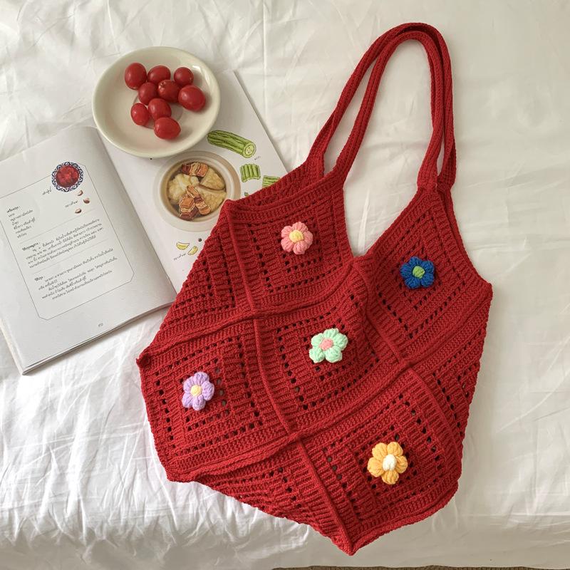 Summer New Hollow Out Knitted Flower Tote Bag Single Shoulder Commute High-End Feeling Large Capacity Business Commuting KTB