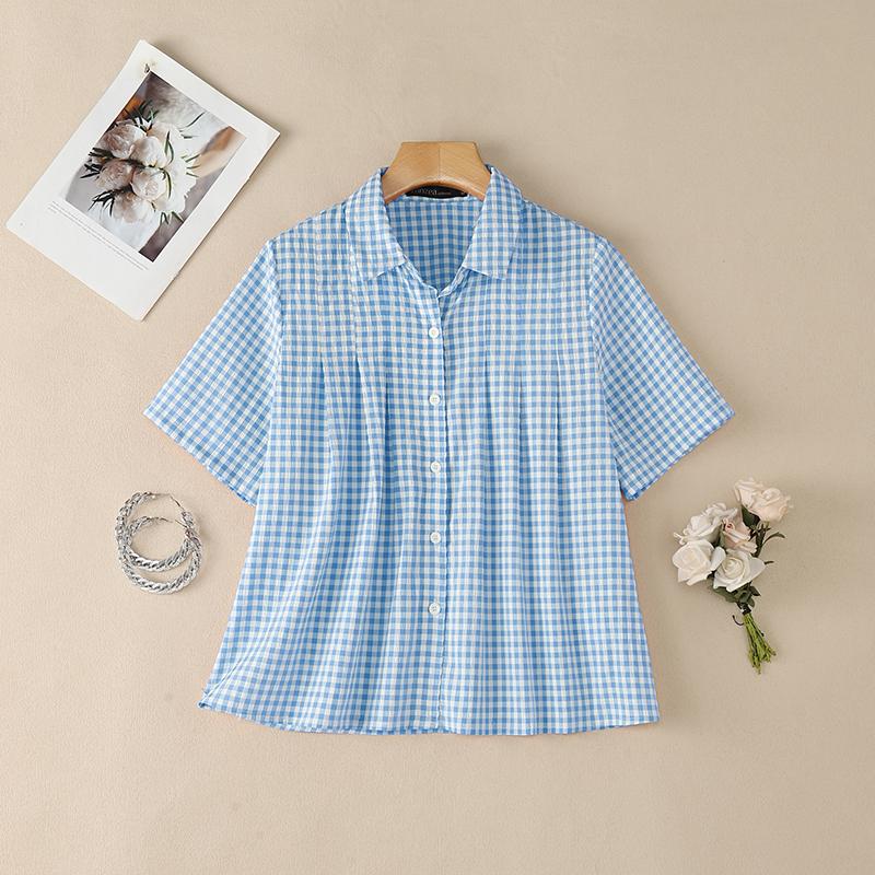 ZANZEA Women Casual Turn Down Collar Loose Short Sleeve Plaid Print Blouse
