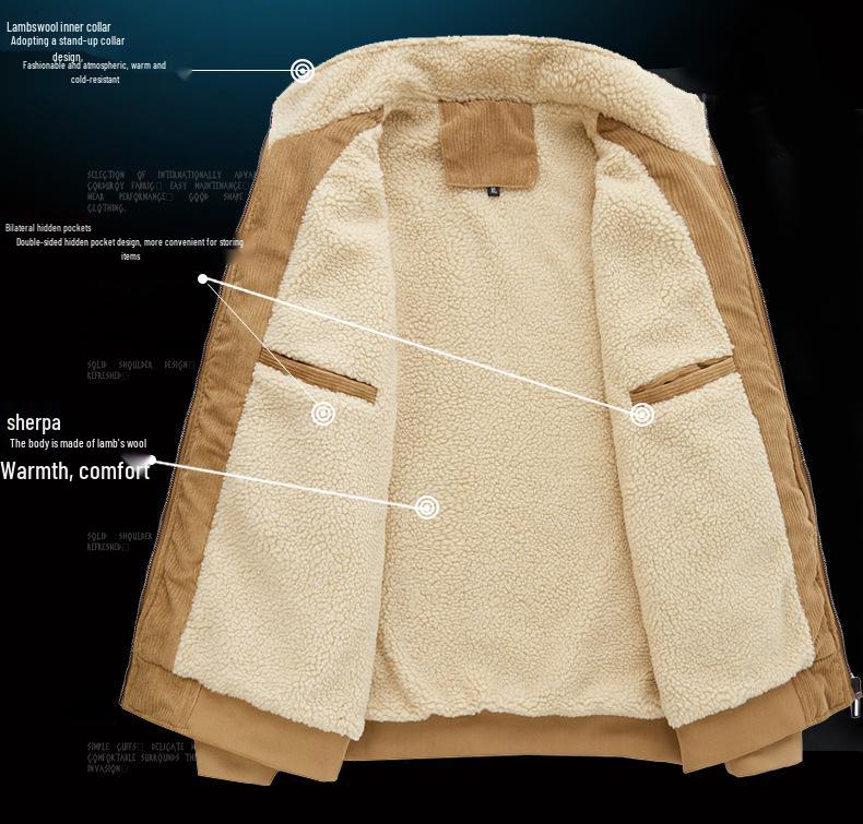 Men's Corduroy Stand Collar Jacket - Winter 2025. Warm Lambswool Lined, Casual Loose Fit Workwear.