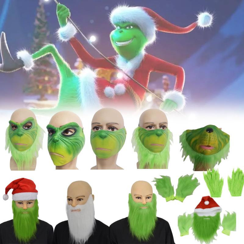 Grinch Half Face Mask With Green Hair And Whimsical Design For Christmas Celebrations