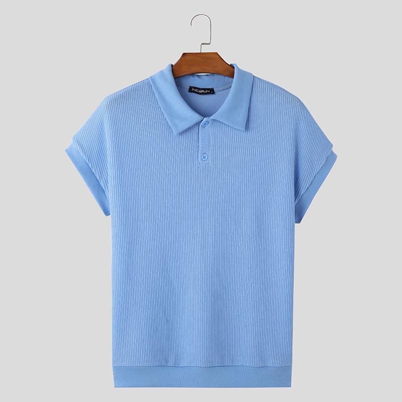 

INCERUNMen Lapel Neck Solid Color Stitching Texture Casual T-shirt Tops 3XL синий