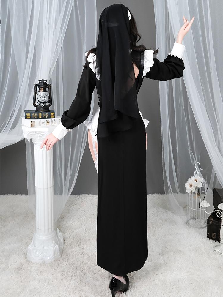 Nun Cosplay Costume Women Fancy Dress Set Halloween Party Roleplay Outfit Adult Nun Dress Black Fancy Cosplay Dress Up