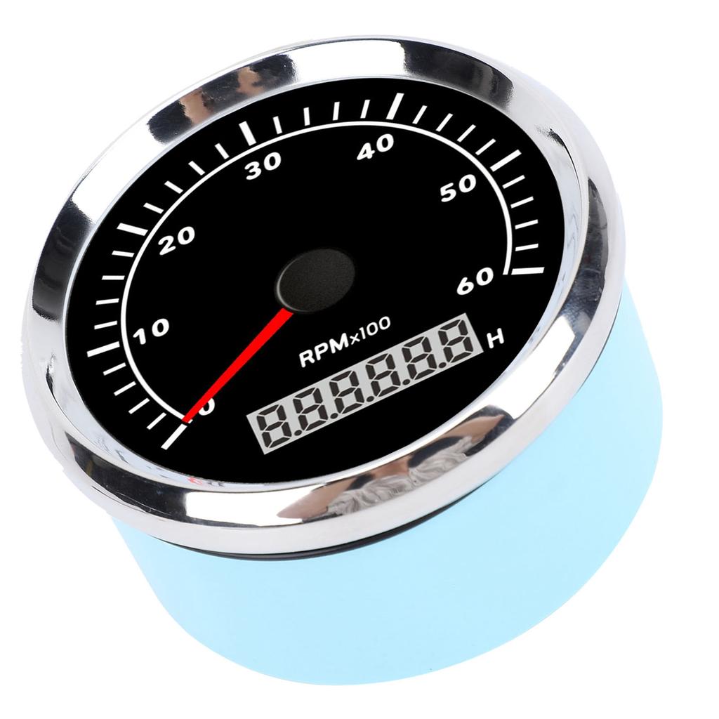 Tachometer Gauge Pointer and LCD Digital Display 85mm Step Motor RPM Meter with Backlit Black Dial Silver Bezel for Car