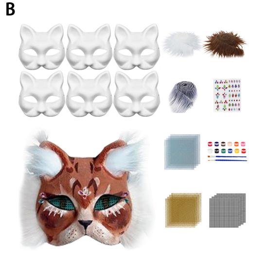 DIY Therian Masque Kit Blank Hand Painted Half Face Cat Fox Masque with Fur Eye Mesh And Felt Sheet for Halloween Carnival Masquerade Party Cosplay
