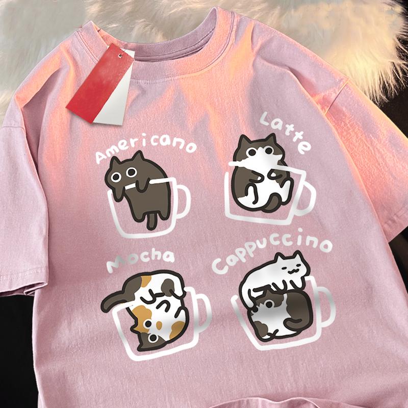 Katze Kaffee Reine Baumwolle Trendiges Sommer Locker Kurzärmeliges T-Shirt Unisex Damen Original Mokka Latte Katze Drei Blumen Lustige Katzen-T-Shirts