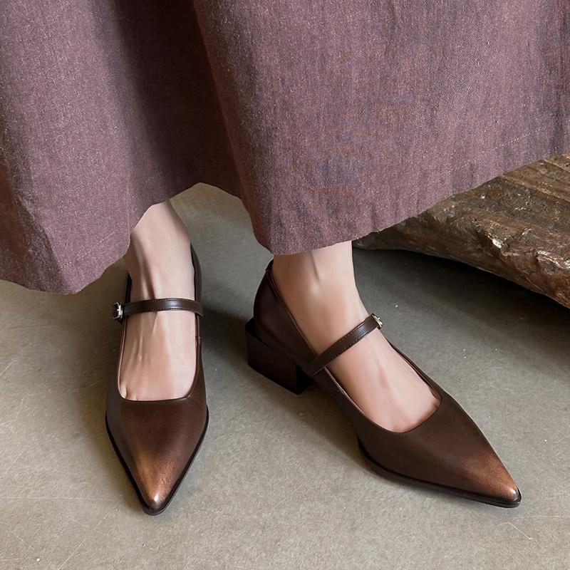 Fashion 2025 New Spring Women Pumps Pointed Toe Genuine Leather Women Shoes Buckle Strap Mary Janes Ladies Shoes Cowhide Leather