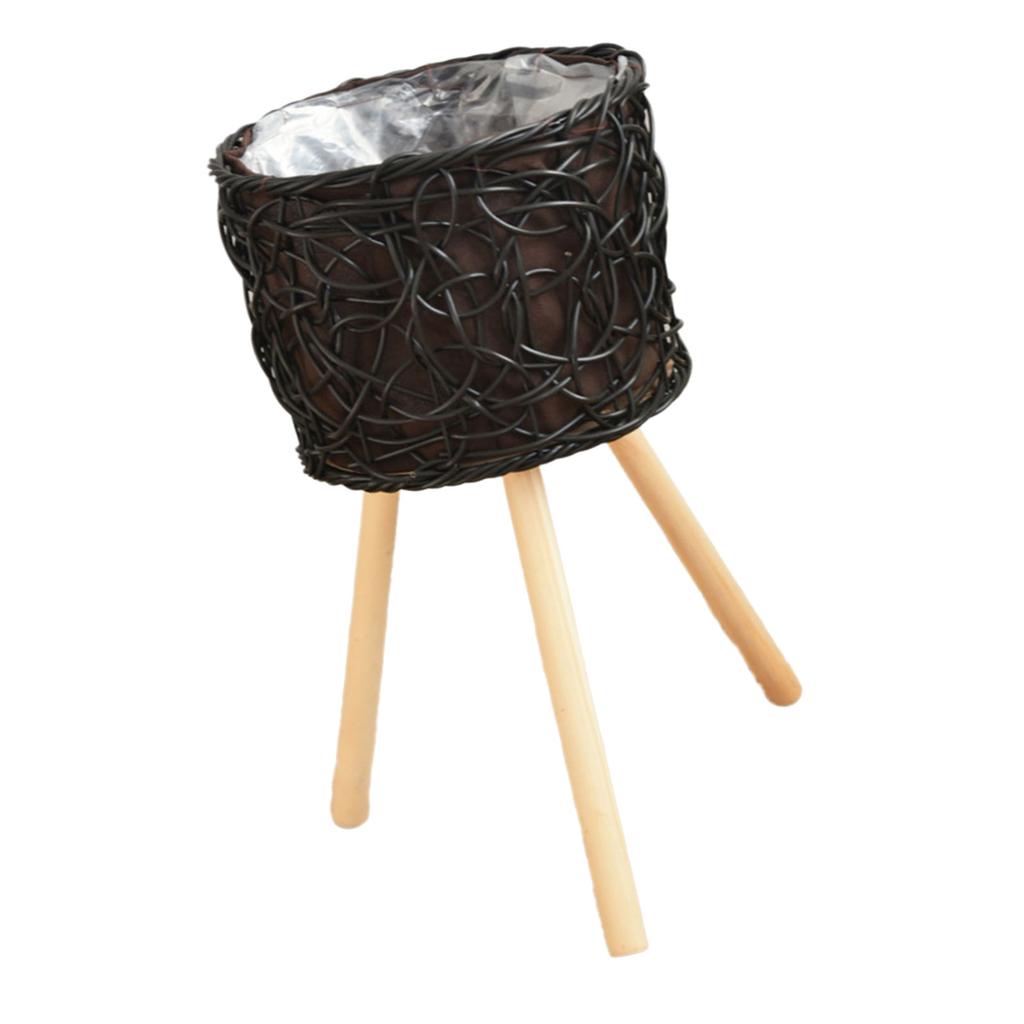 Woven Rattan Plant Stand Flower Pots Holder Stool with 3 Wood Legs Floor Planter Basket Rack for Home or Office Use