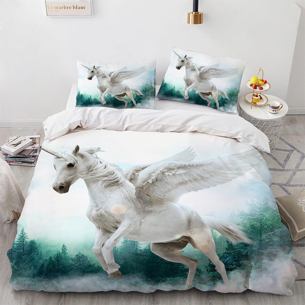 Blue Unicorn Duvet Cover Set Wild Animals Horse Polyester Bedding Set King Queen Full Size For Kids Boys Girls Comforter Cover