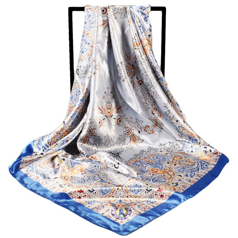 High Quality Silk Feeling Scarf Square Floral Printed Shawl Wrap Spring Summer Neckerchief Hair Band Lady Decor Foulard 90X90Cm
