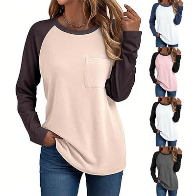 Women's T-shirt Solid Color Round Neck Pocket Long Sleeved Top