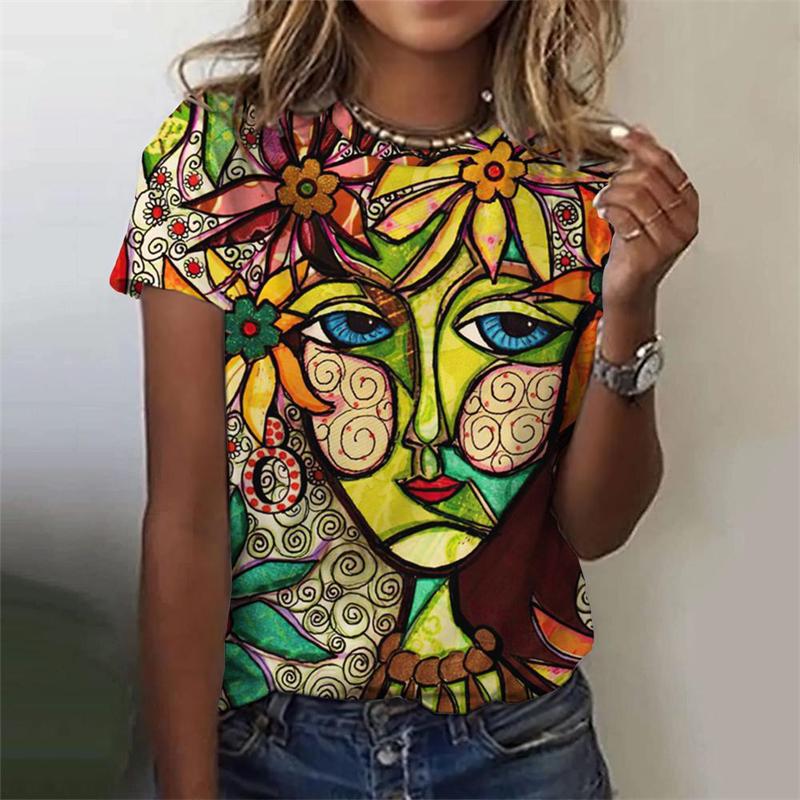 Classic Girls Face Painting 3D Graphic Tee Fashion Floral Print T Shirts For Woman Girl Street Harajuku Colorful Tshirt Tops