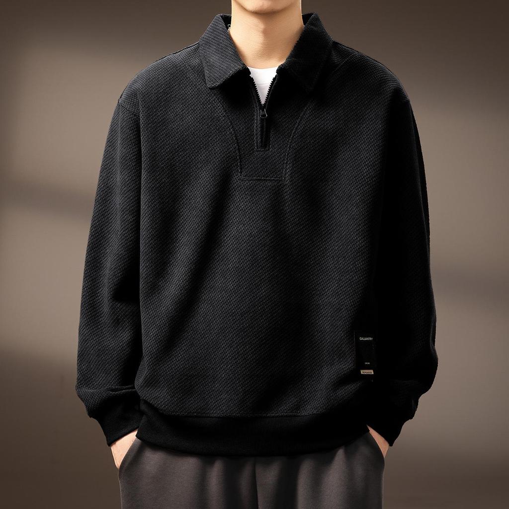 Men's High-End Half-Zip Corduroy Plush Hoodie: European Cotton, Ribbed Long Sleeve, Loose Fit, Autumn Polo Shirt.