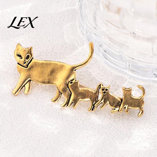 Golden Tone Cat Pin Family Brooch Pin, Silver Plated Alloy Kitten Lapel Daily Wear Animal Shape Badge Jewelry for Clothing Bags Hats