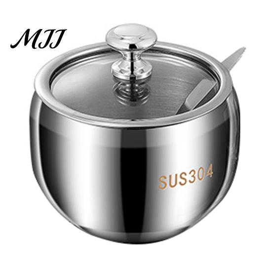 Refillable Condiment Jars 304 Stainless Steel Spice Jar Set, Seasoning Container with Glass Lid & Spoon, Rustproof Kitchen Salt Sugar