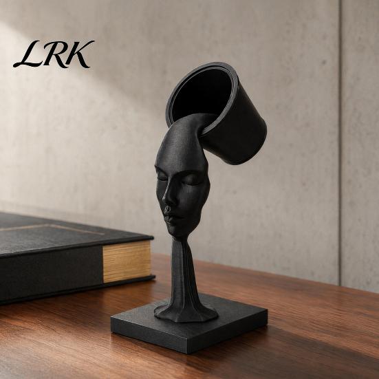 Surrealist Art Piece Abstract Human Face Sculpture, Surrealism Artistic Statue, 3D Printed Desktop Sculpture Modern Black Floating Bucket Figurine for