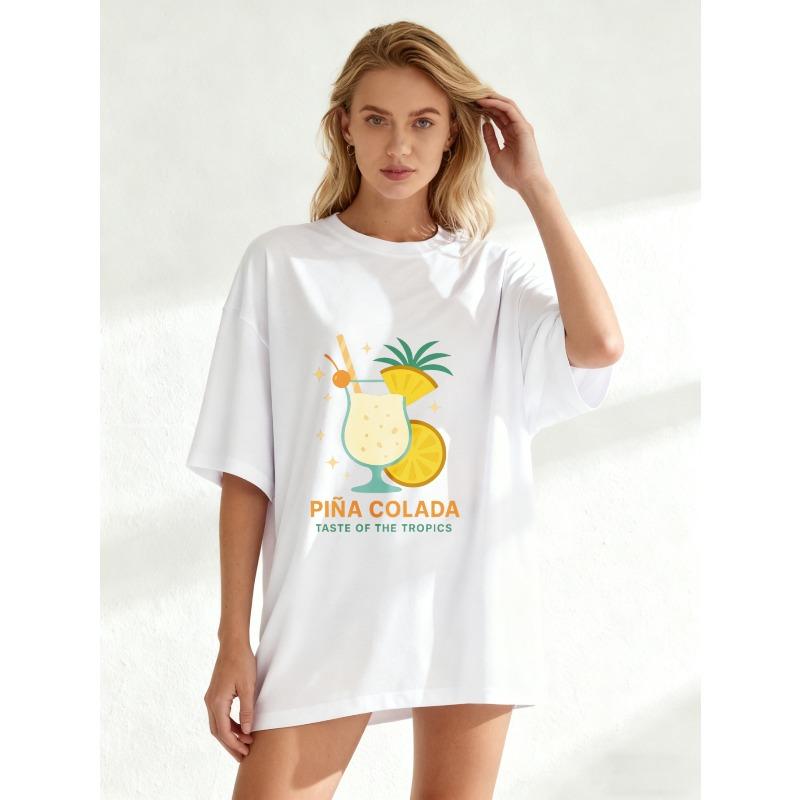 Koszulka Oversize Czarna Koktajl Pina Colada Ananas i Plaster Pomarańczy Nadruk Smak Tropików Tekst Letnia Odzież Wakacyjna na Plażę
