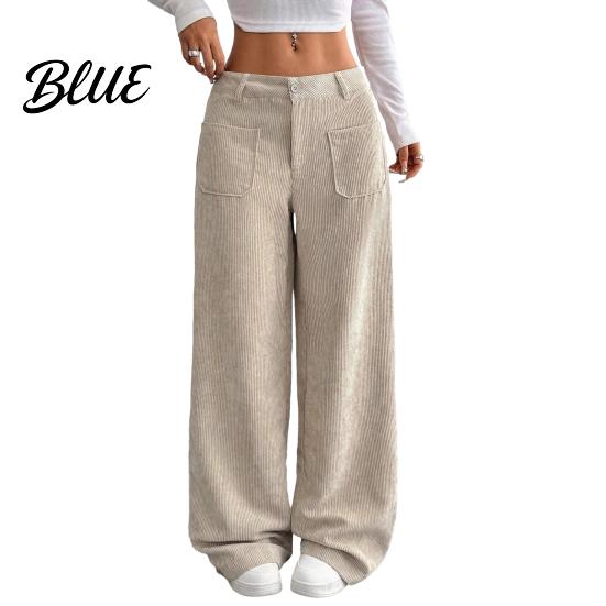 Women Pants Low Rise Zipper Button Fly Straight Wide Leg Comfortable All-day Wear Long with Pockets Solid Color Ribbed Leisure Trousers Wide-leg