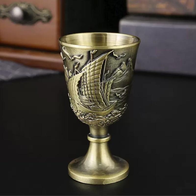 Holy Grail, Alloy Retro Relief Sailing Cup, European Portable Mini Vodka Glass, Creative Home Living Room Decoration Gift, 1pcs