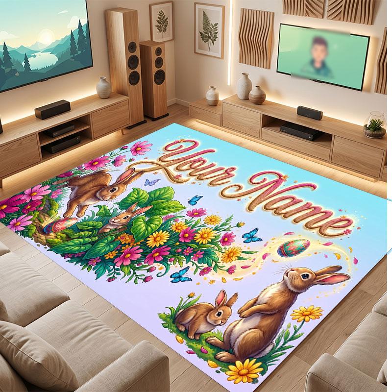 Floral Garden Theme Crystal Velvet Floor Rug Personalized Custom Name Text Warm Carpet Home Decoration
