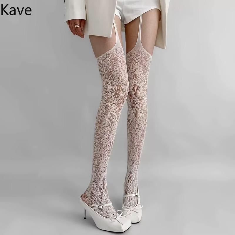 Kave Floral Pattern Coffee Fishnet Stockings With Suspender Women Sexy Brown Hollow Out Mesh Thigh High Socks Lolita Long Socks