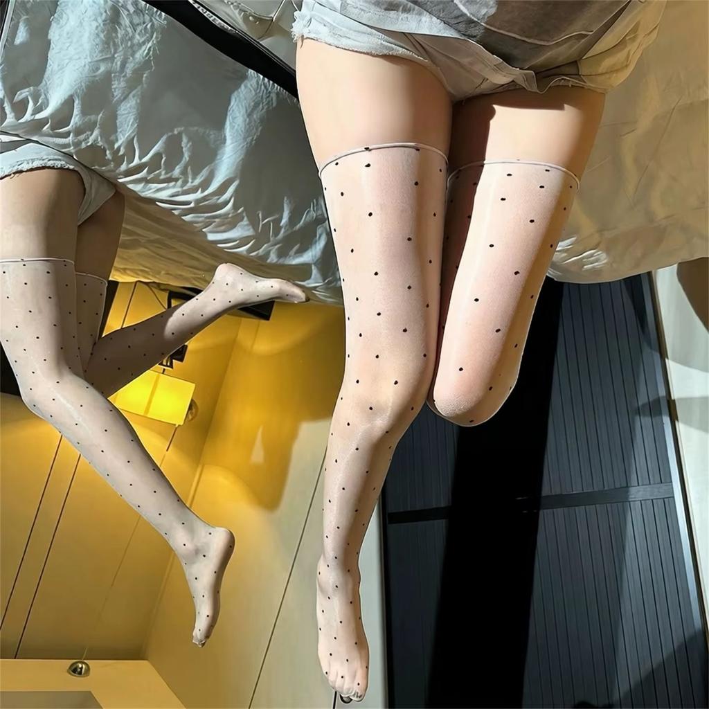 Lolita Black Dot Stockings Skin-Friendly Soft Seamless Knee High Stockings Pole Dance Aurora Shiny Over Knee Transparent Medias