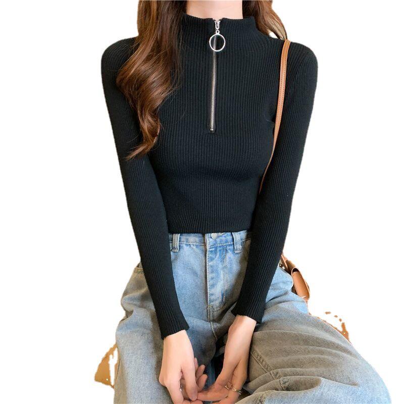 Women's Slim Fit High Neck Long Sleeve Solid Color T-Shirt, Korean Style, Plus Size, Autumn