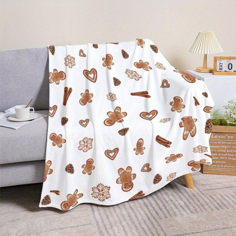 Christmas Flannel Blanket Gingerbread Man Cookies Snowflakes Cinnamon Pinecones Pattern Cozy Soft Warm Xmas Home Decor Festive