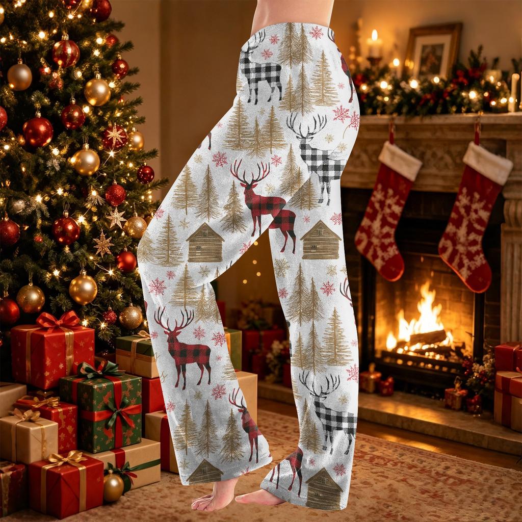 Women's Christmas Print Flannel Pajama Pants, Casual Loose Fit Sleep Bottoms