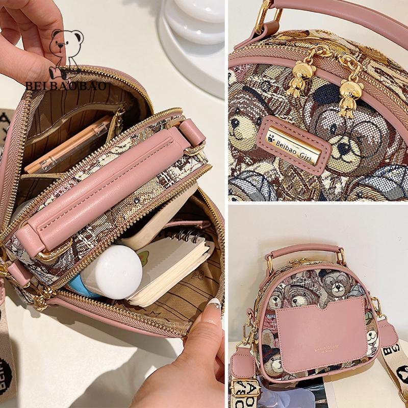 BEIBAOBAO Genți Crossbody Originale Street Trend pentru Femei Moda Pânză PU Splicing Poșetă Doamnă Cute Cartoon Urs Genți proaspete pe un singur umăr pentru femei