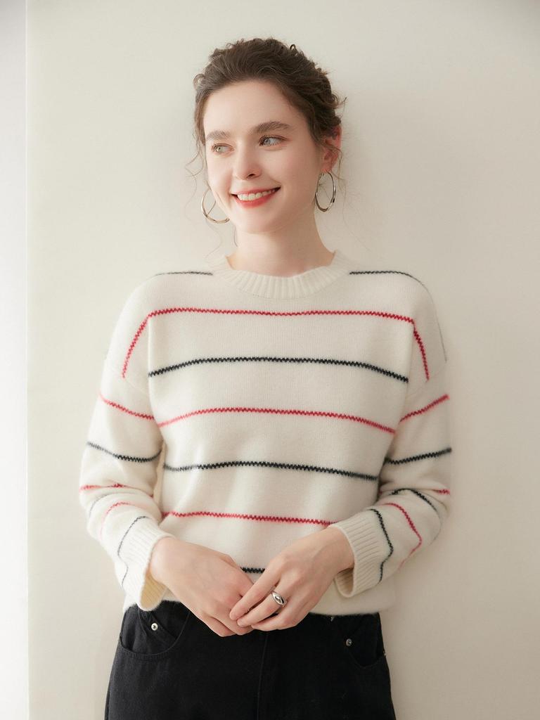 New Arrival Cashmere Striped Knit Women's Sweater – Loose Slimming Pullover for Autumn and Winter