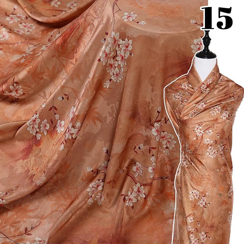 Chinese Landscape Painting Fabric Silk Stretch Satin Cloth for Cheongsam Hanfu DIY Sewing Craft Dress Stage Clothing Supplies