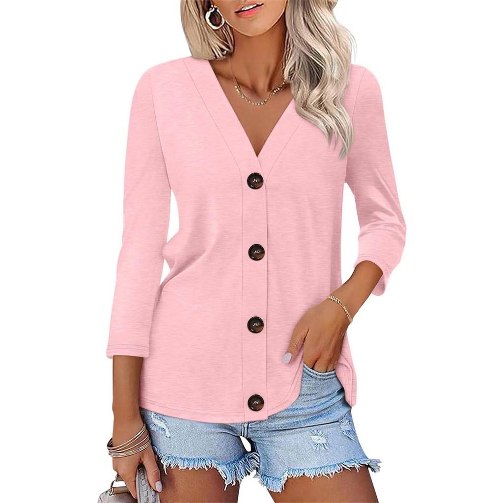 Women's Fashion Casual Solid Color Button-down Shirt 3/4 Long Sleeve Tops