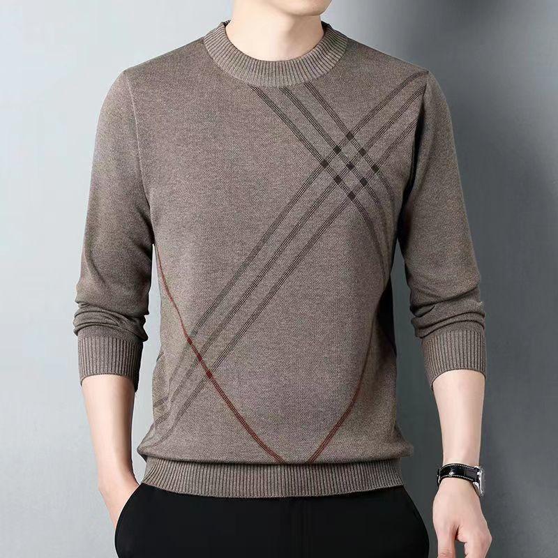 Korean High-end Autumn New Fleece Thickened Winter Warm Sweater Men's Solid Print O-neck Pullover Patchwork Knit Long Sleeve Top